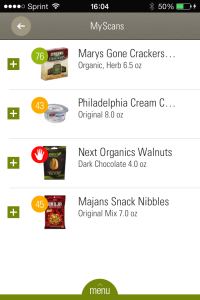 A screenshot of the products I've scanned. Each one has a rating for how good it is for me. Notice the chocolate covered walnuts have a stop hand; they aren't gluten free.
